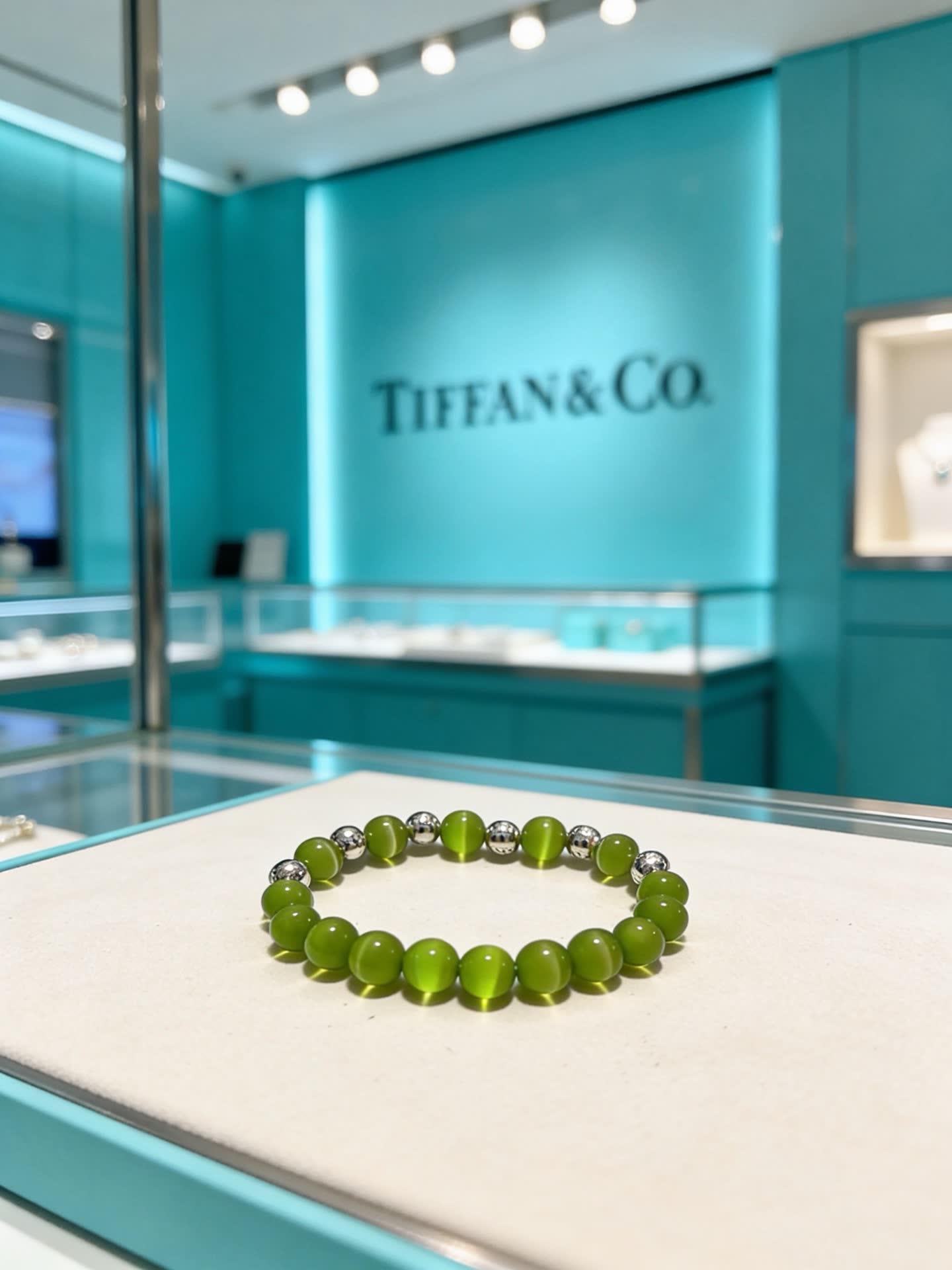 Tiffany & Co Green Beaded Bracelet with Silver Accents